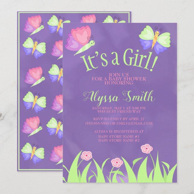 Pink Green Purple Butterflies Baby Girl Shower Invitation (Front/Back)