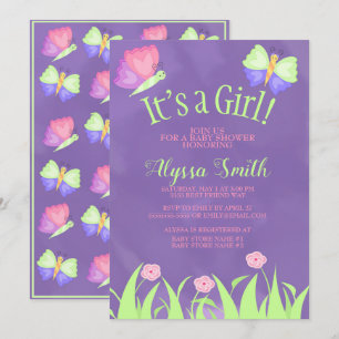 Pink Green Purple Butterflies Baby Girl Shower Invitation