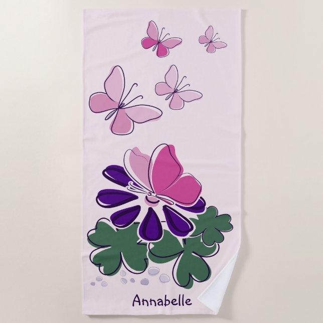 Pink Green Purple Doodle Blooms Butterflies Name Beach Towel (Front)