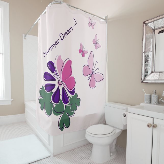 Pink Green Purple Doodle Blooms Butterflies Slogan Shower Curtain (In Situ)