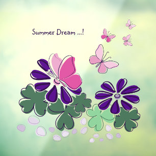 Pink Green Purple Doodle Blooms Butterflies Slogan Window Cling