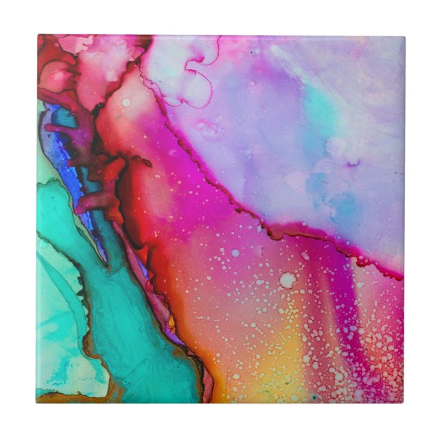 Pink Green Purple Modern Abstract Watercolor Tile (Front)