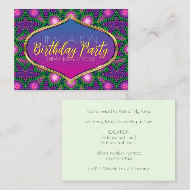 Pink Green Purple Tribal Pattern Party Invite Card (Front/Back)