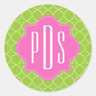 Pink + Green Quatrefoil Monogram Classic Round Sticker
