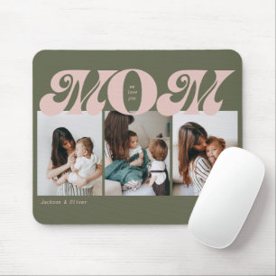 Pink Green Retro Bold Mom 3 Photo Collage Mouse Mat