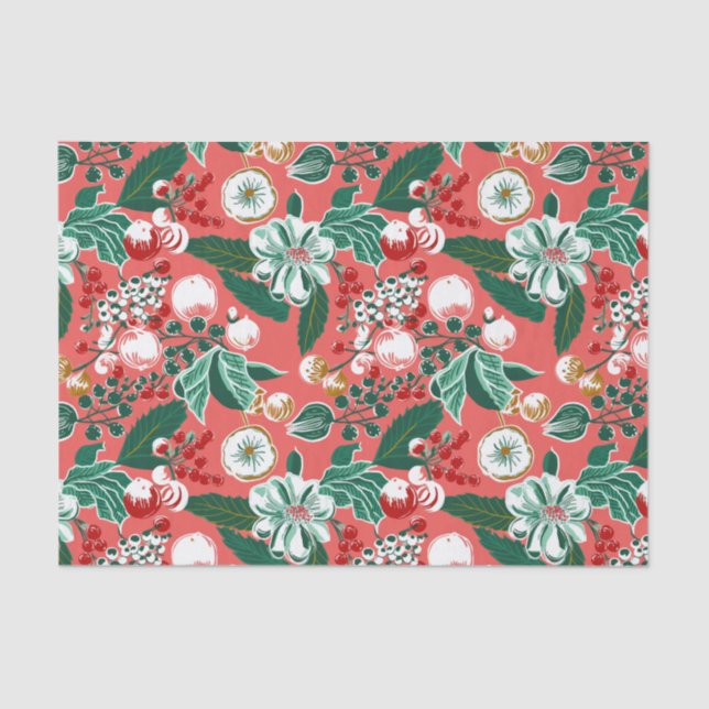 Pink Green Retro Floral Christmas Tissue Paper (Front)