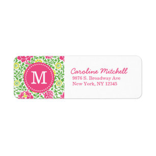 Pink & Green Retro Floral Damask Custom Monogram