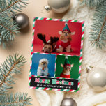 Pink Green Retro Merry Woofmas Photo Collage Holiday Card<br><div class="desc">Dog themed Merry Christmas photo card with stripes in pink,  green,  red,  and white along with Merry Woofmas written across beneath three photos of you dog(s) in a retro groovy font in red,  pink,  and green.</div>