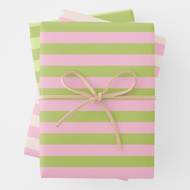 Pink& Green Retro Minimalist Striped Wrapping Paper Sheet (In situ)