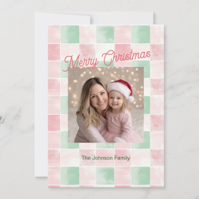 Pink Green Retro Pattern Photo Christmas Card (Front)