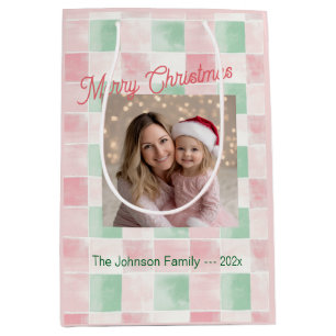 Pink Green Retro Photo Christmas Medium Gift Bag
