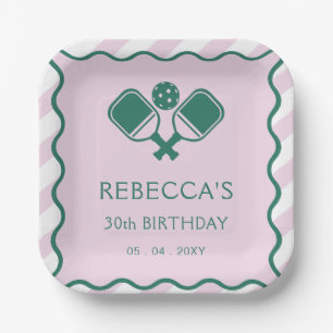 Pink Green Retro Pickleball 30th Birthday Paper Plate