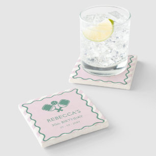 Pink Green Retro Pickleball 30th Birthday Stone Coaster