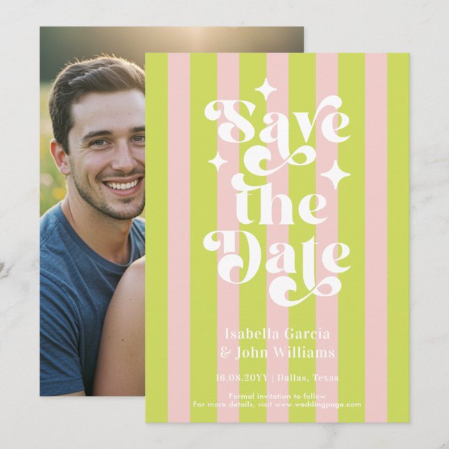 Pink Green Retro Typography Wedding Save The Date Announcement (Front/Back)
