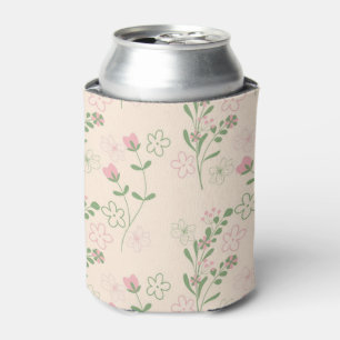 Pink Green Retro Y2K 70s Flower Pattern Can Cooler