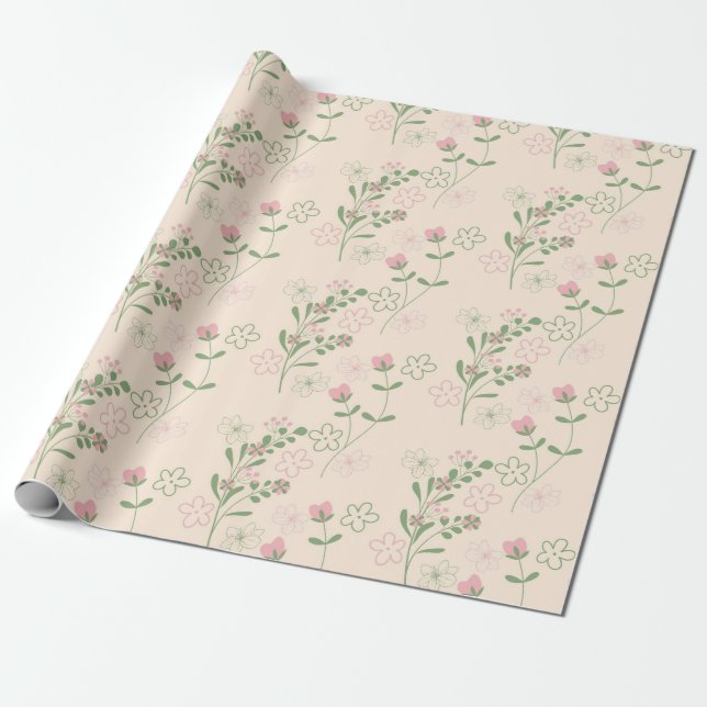 Pink Green Retro Y2K 70s Flower Pattern Wrapping Paper (Unrolled)