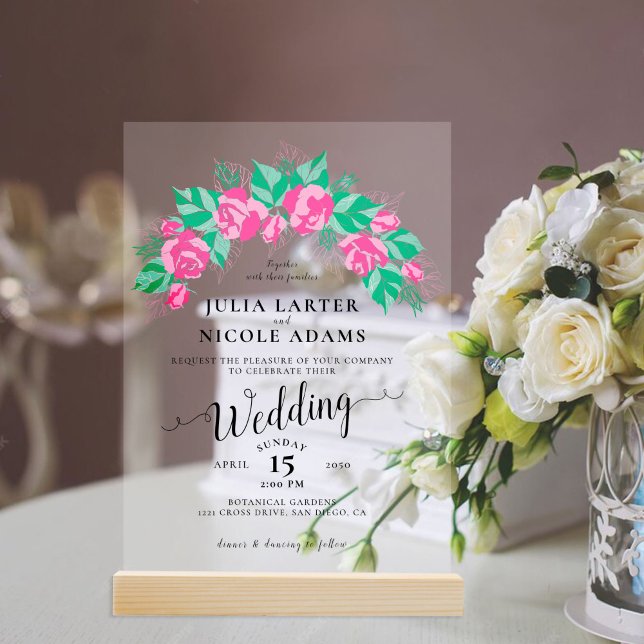 Pink Green Rose Petals Flowers Garden Wedding Acrylic Invitations (Creator Uploaded)