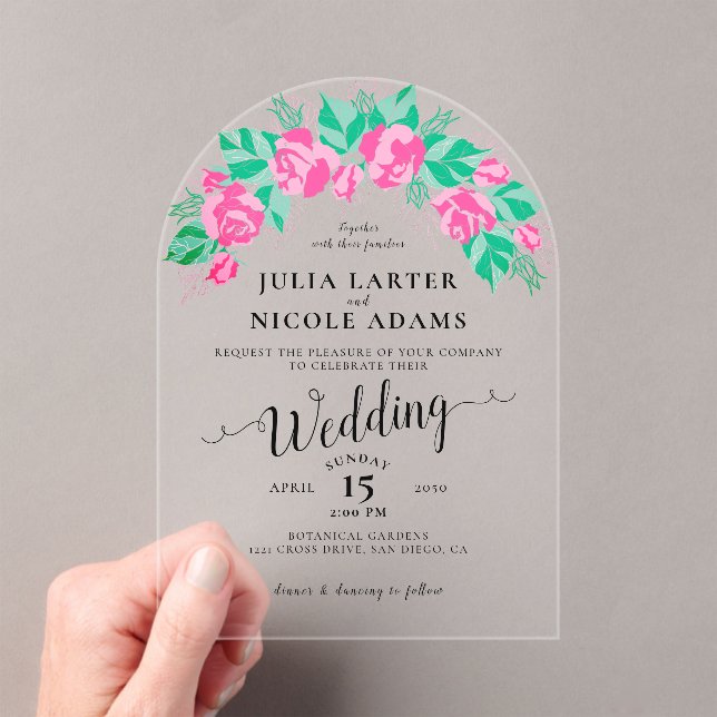 Pink Green Rose Petals Flowers Garden Wedding Acrylic Invitations (Insitu (Handheld))