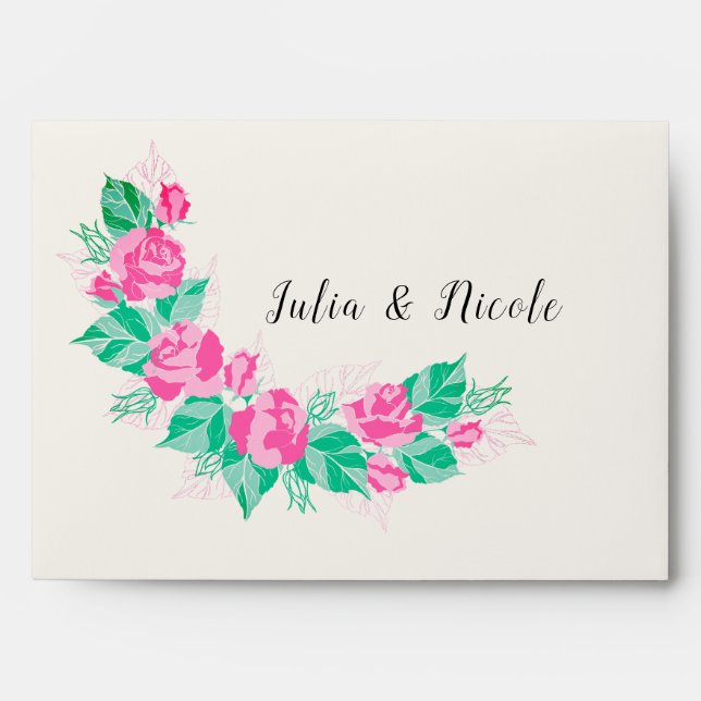 Pink Green Rose Petals Flowers Garden Wedding Envelope (Front)