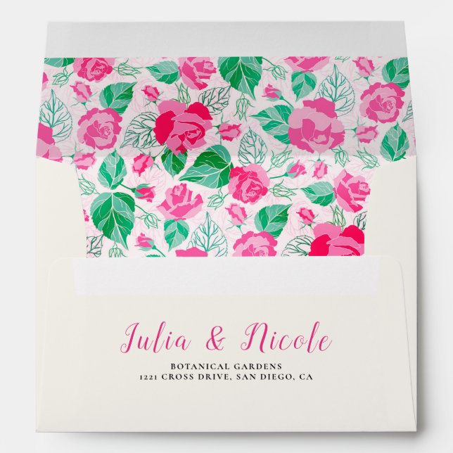 Pink Green Rose Petals Flowers Garden Wedding Envelope (Back (Bottom))