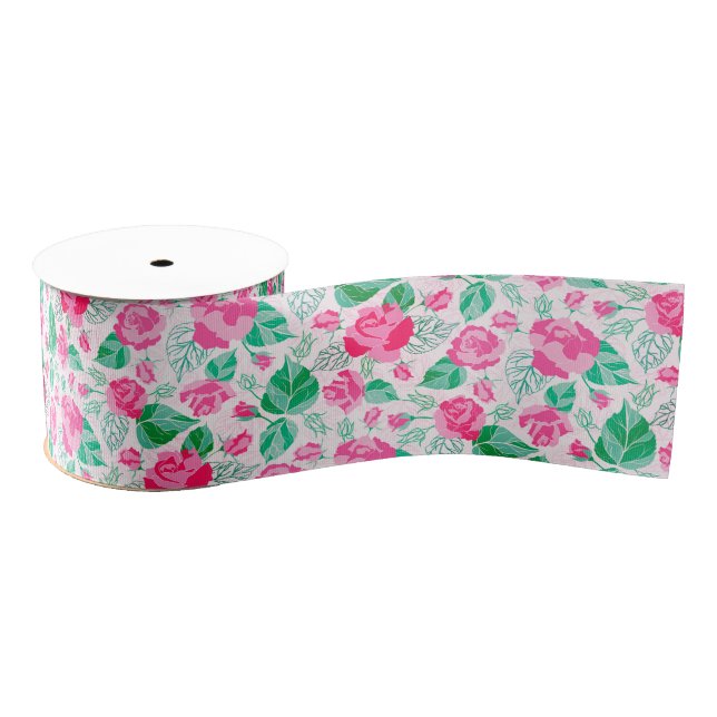 Pink Green Rose Petals Flowers Garden Wedding Grosgrain Ribbon (Spool)