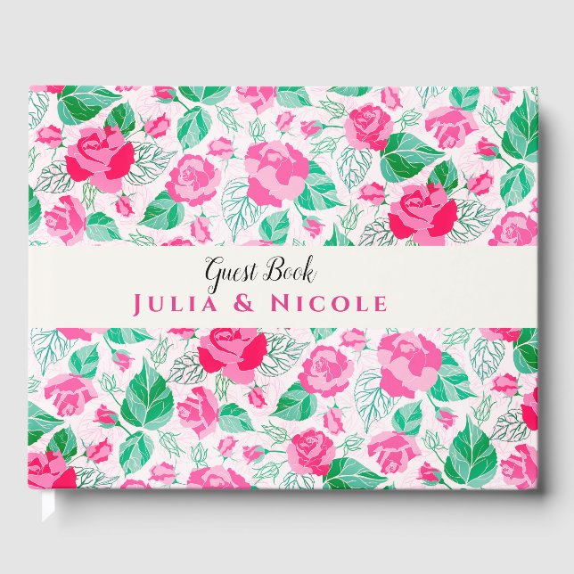 Pink Green Rose Petals Flowers Garden Wedding Guest Book (Front)