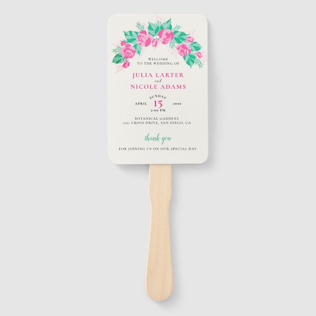 Pink Green Rose Petals Flowers Garden Wedding Hand Fan (Front)