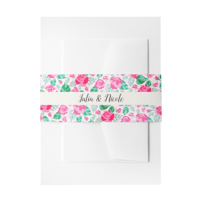 Pink Green Rose Petals Flowers Garden Wedding Invitation Belly Band (Front Example)