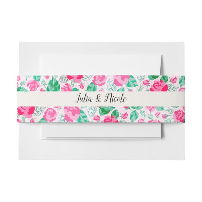 Pink Green Rose Petals Flowers Garden Wedding Invitation Belly Band (Front Example)