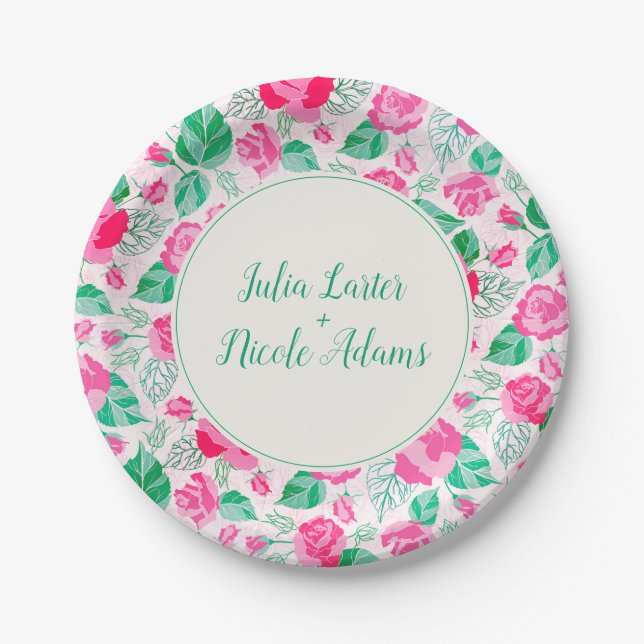 Pink Green Rose Petals Flowers Garden Wedding Paper Plate (Front)