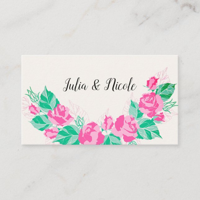 Pink Green Rose Petals Flowers Garden Wedding Place Card (Front)