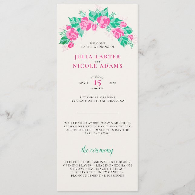 Pink Green Rose Petals Flowers Garden Wedding Programme (Front)