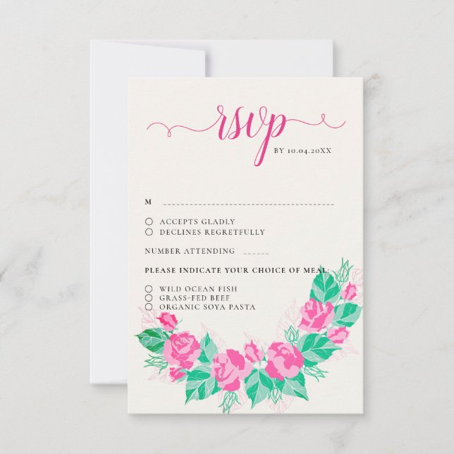 Pink Green Rose Petals Flowers Garden Wedding RSVP Card (Front)