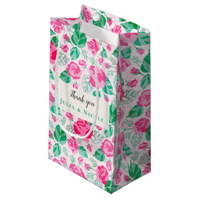 Pink Green Rose Petals Flowers Garden Wedding Small Gift Bag (Front Angled)
