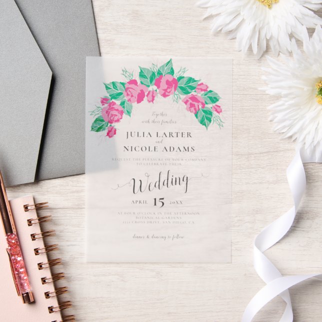 Pink Green Rose Petals Flowers Garden Wedding Vellum Invitations (Wedding)