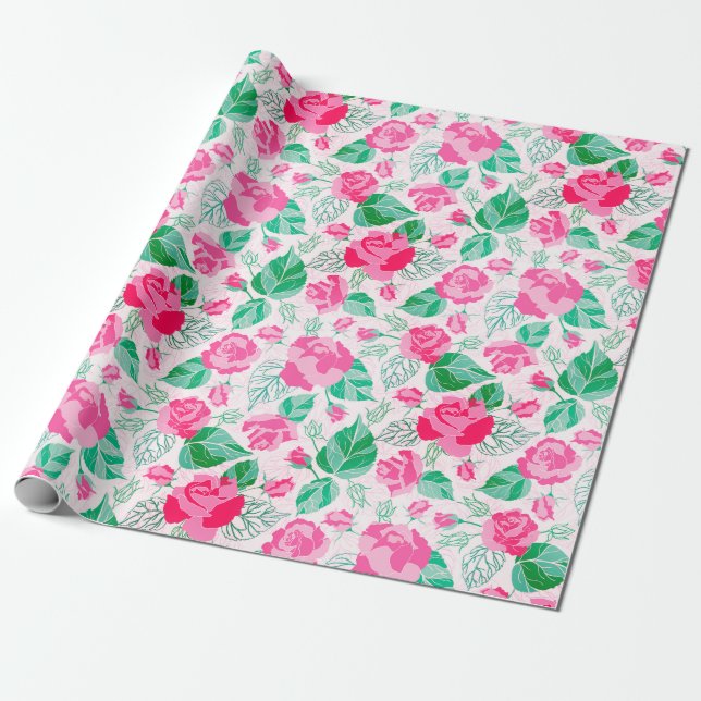 Pink Green Rose Petals Flowers Garden Wedding Wrapping Paper (Unrolled)