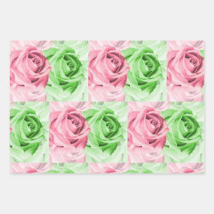 Pink & Green Roses Wrapping Paper Sheets