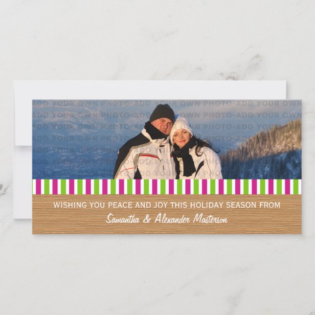 Pink/Green Rustic Stripes Photo Card (Front)