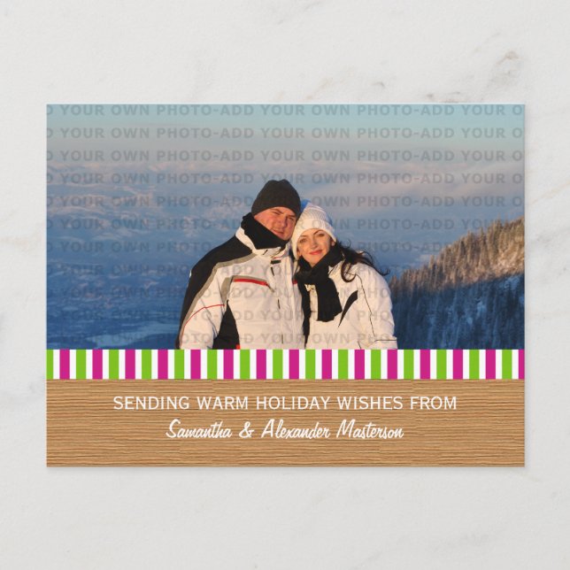 Pink/Green Rustic Stripes Photo Postcard (Front)