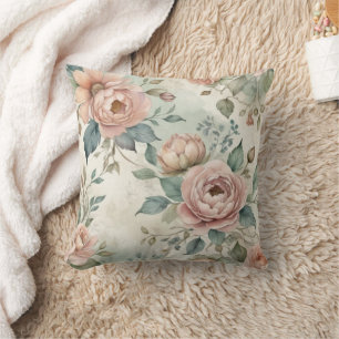 Pink Green Shabby Watercolor Florals Vintage  Cushion
