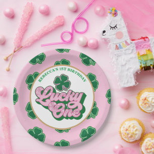 Pink Green St. Patrick'S Lucky One First Birthday Paper Plate