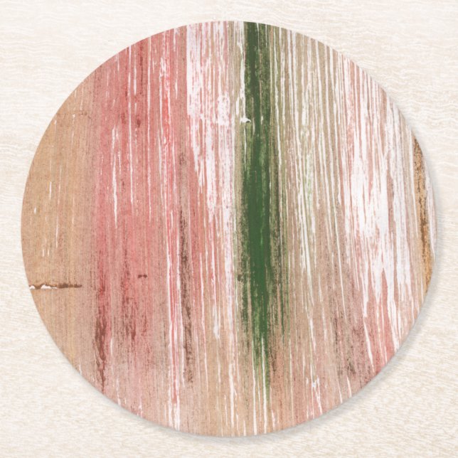 Pink green striped abstract painting art round paper coaster (Front)