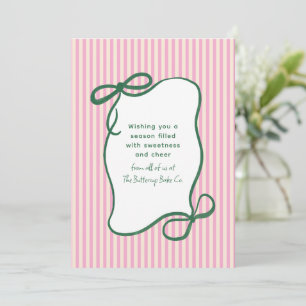 Pink Green Striped Bow Christmas Bakery Business Holiday Card