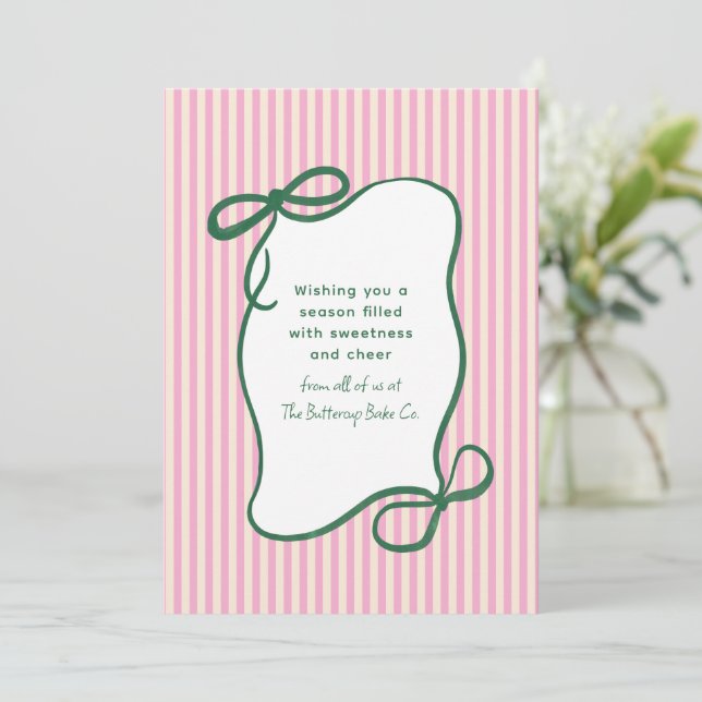 Pink Green Striped Bow Christmas Bakery Business Holiday Card (Standing Front)