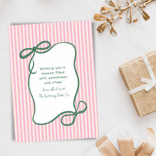 Pink Green Striped Bow Christmas Bakery Business Holiday Card