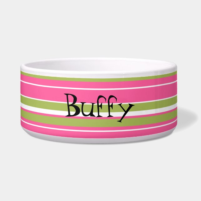 Pink & Green Striped Custom Dog Bowl (Front)