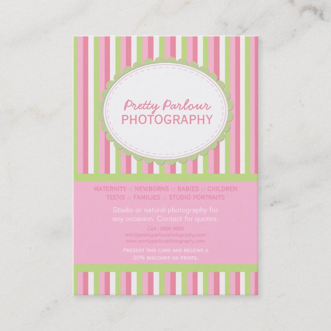 Pink Green Striped Photographer Business Card (Front)