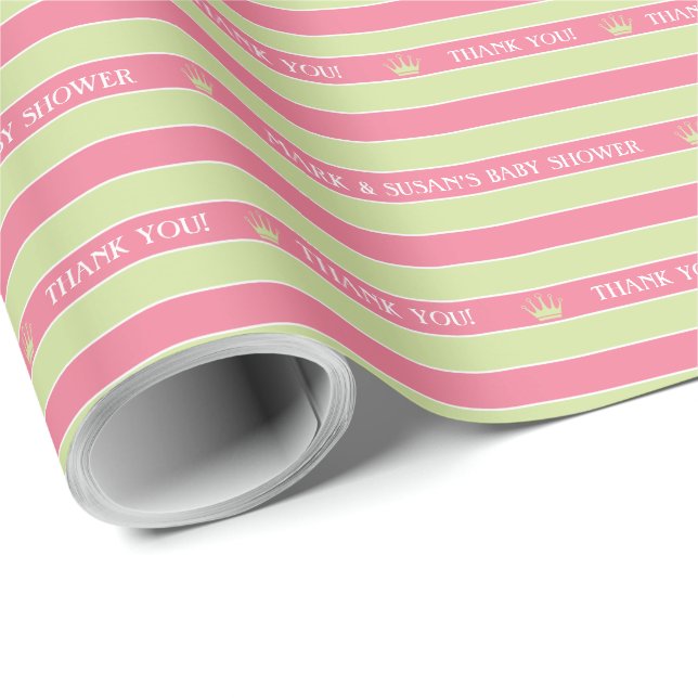 Pink Green Stripes Baby Shower Wrapping Paper (Roll Corner)