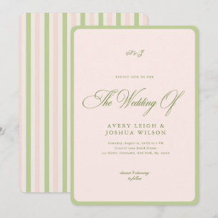 Pink & Green Stripes Border Retro Wedding Invitation