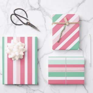 Pink Green Stripes Christmas  Wrapping Paper Sheet